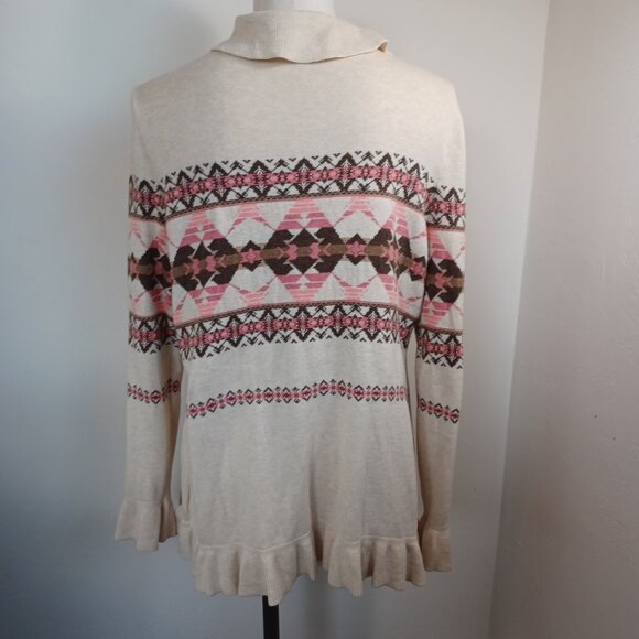 Pendleton Cardigan Ruffle Waterfall Style Cotton Aztec Neutral Print Women Large - Picture 3 of 15